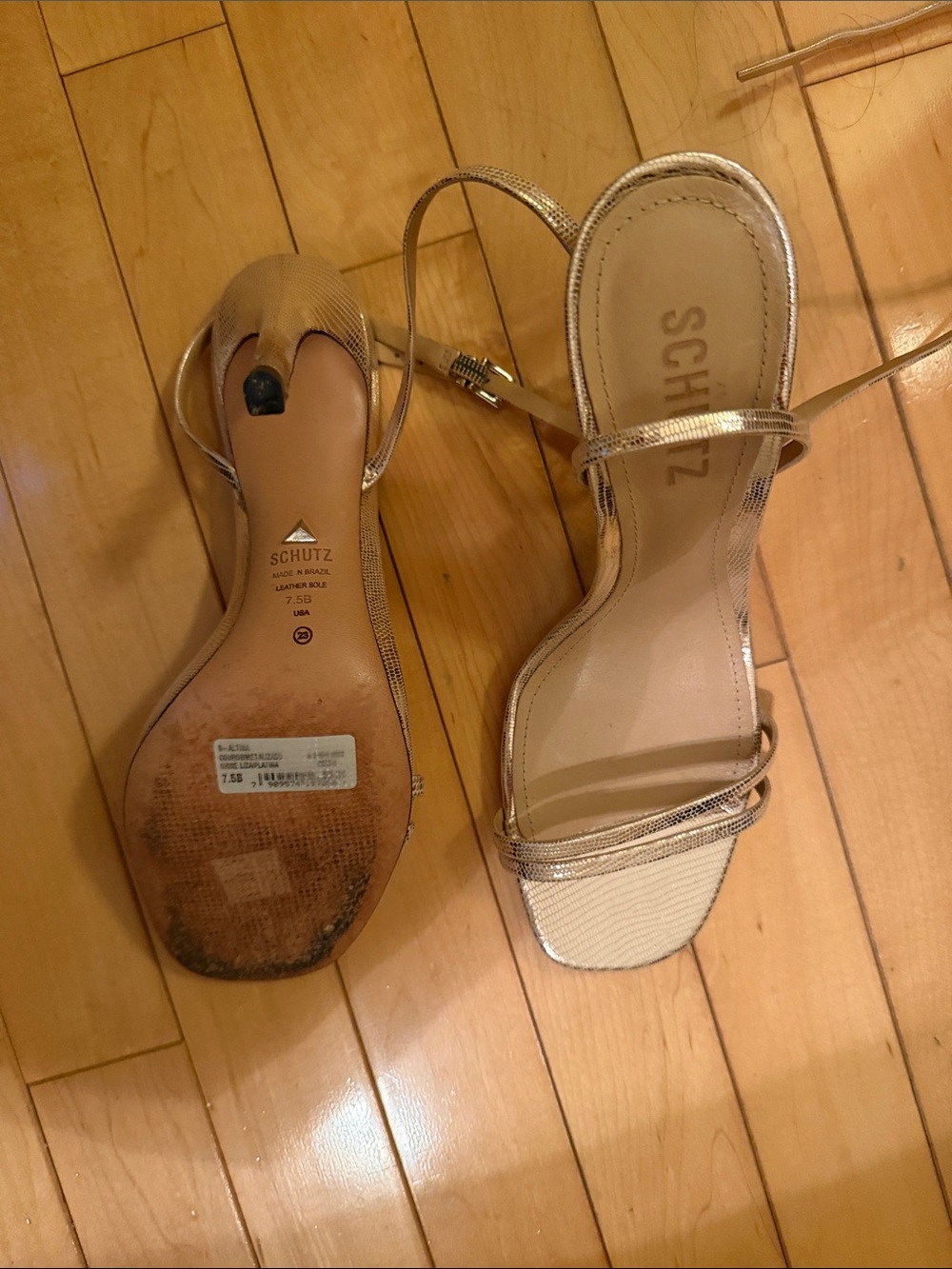 SCHUTZ Metallic Gold Strappy Sandals with Ankle Tie - Picture 3 of 4